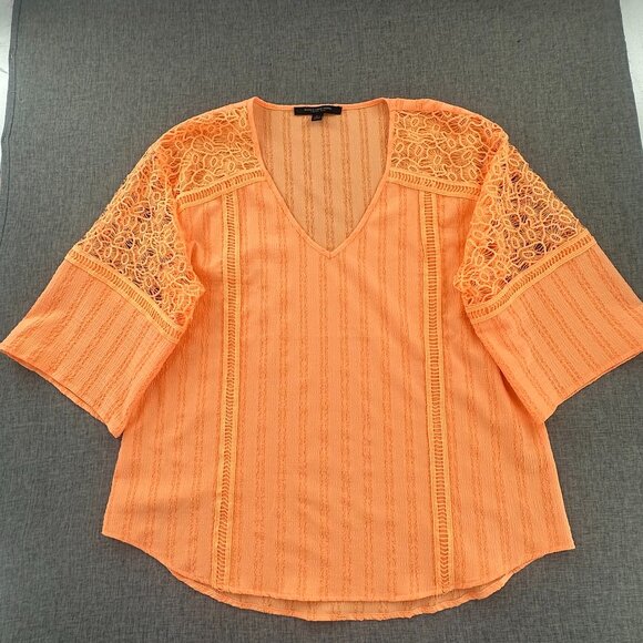 Marc New York Andrew Marc Blouse‎ Orange Large V-Neck Beautiful Crochet Detail - Picture 1 of 11